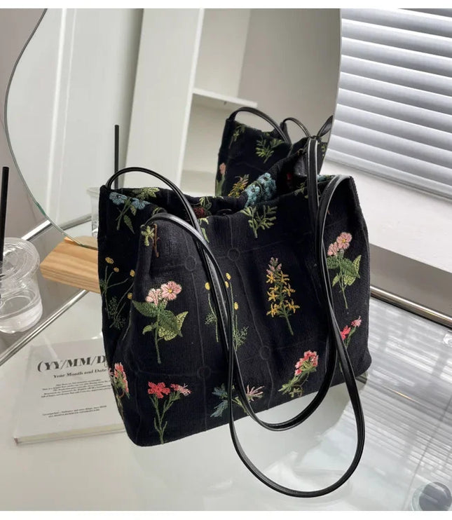 Flower Embroidered Tote Bag