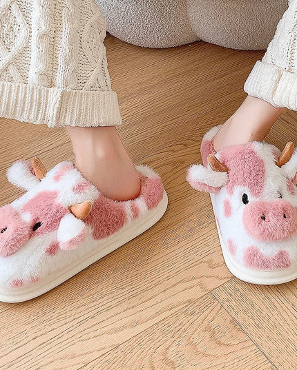 Pink Cow Plush Slippers