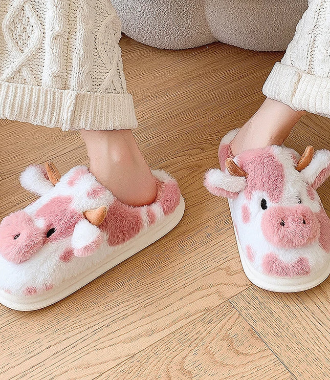 Pink Cow Plush Slippers