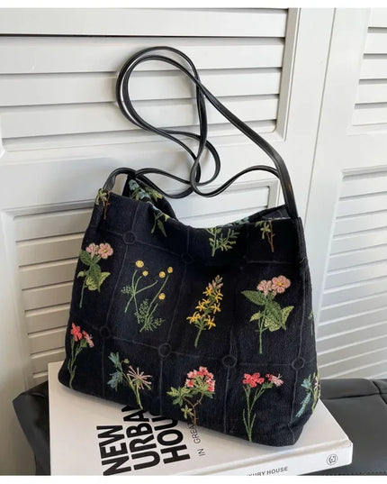 Flower Embroidered Tote Bag