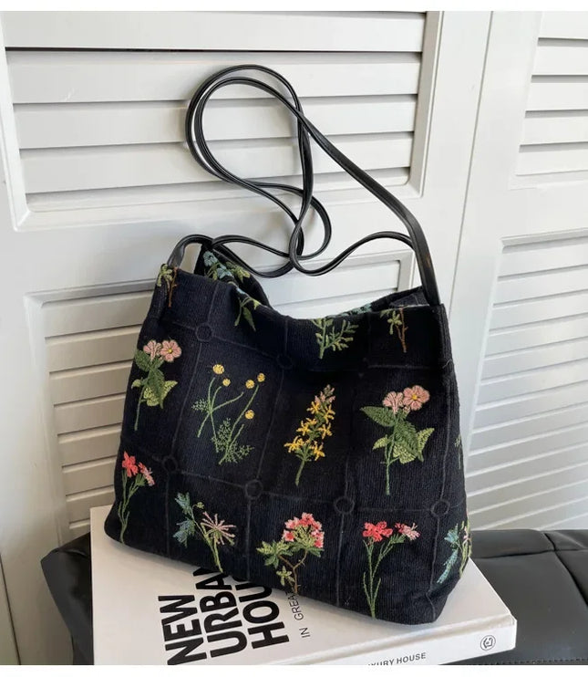 Flower Embroidered Tote Bag