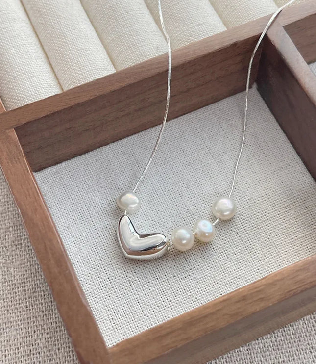 Pearl Metallic Heart Necklace