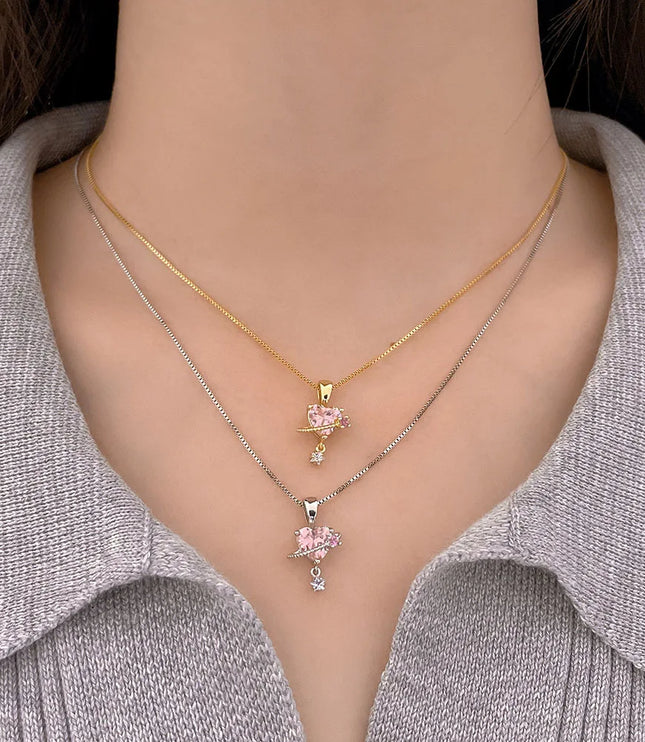 Pink Planet Heart Necklace