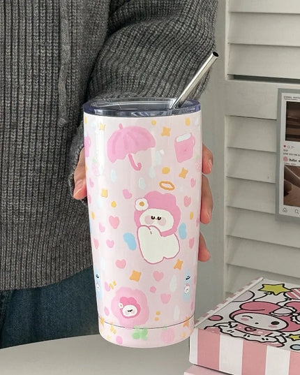 Cute Animal Thermal Bottle with Straw