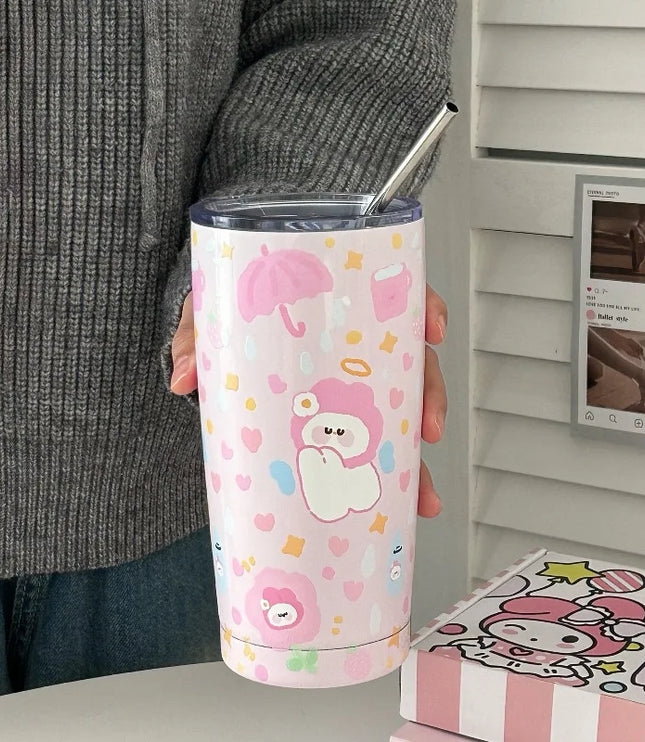 Cute Animal Thermal Bottle with Straw