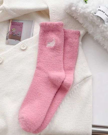 Mink Fleece Cat Embroidered Socks