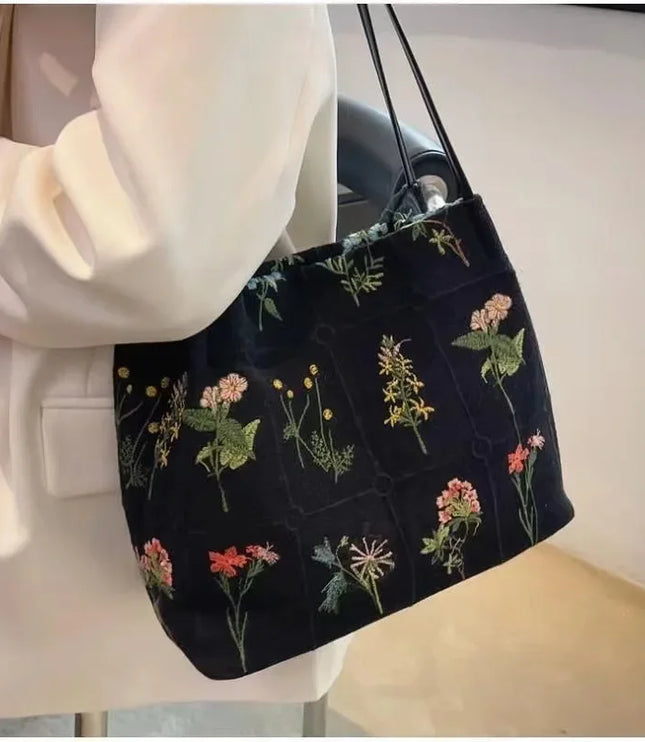 Flower Embroidered Tote Bag