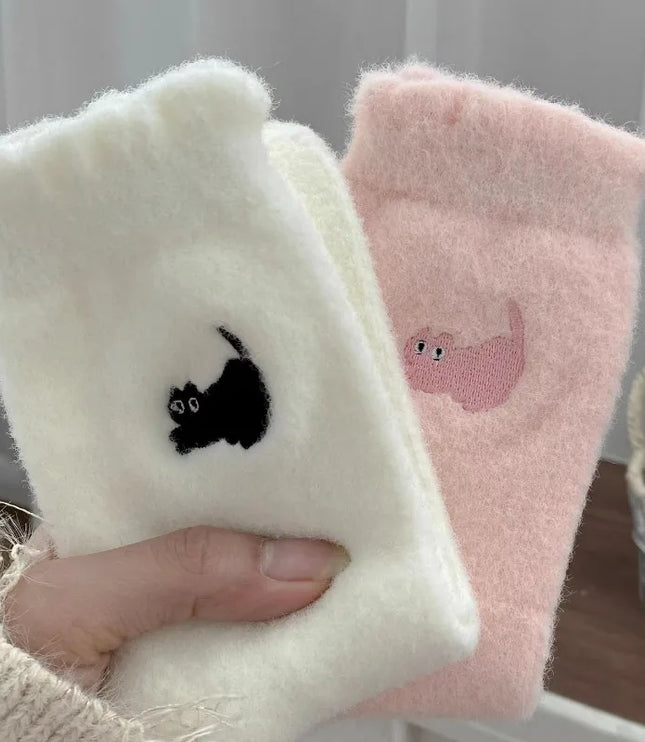 Mink Fleece Cat Embroidered Socks