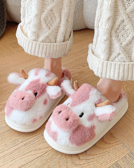 Pink Cow Plush Slippers