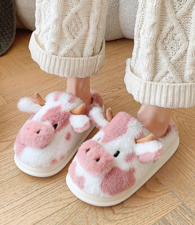 Pink Cow Plush Slippers