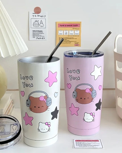 Cute Animal Thermal Bottle with Straw