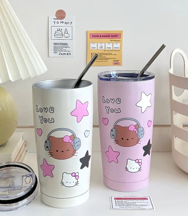 Cute Animal Thermal Bottle with Straw