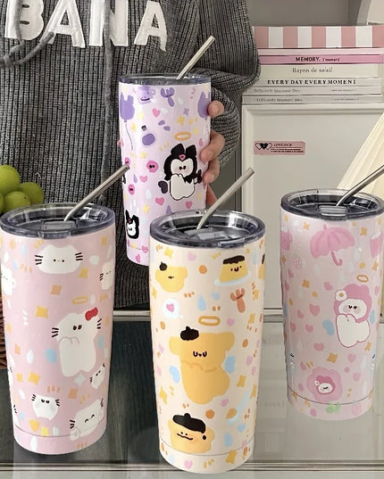 Cute Animal Thermal Bottle with Straw