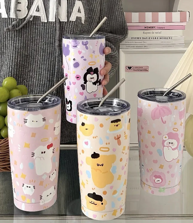 Cute Animal Thermal Bottle with Straw