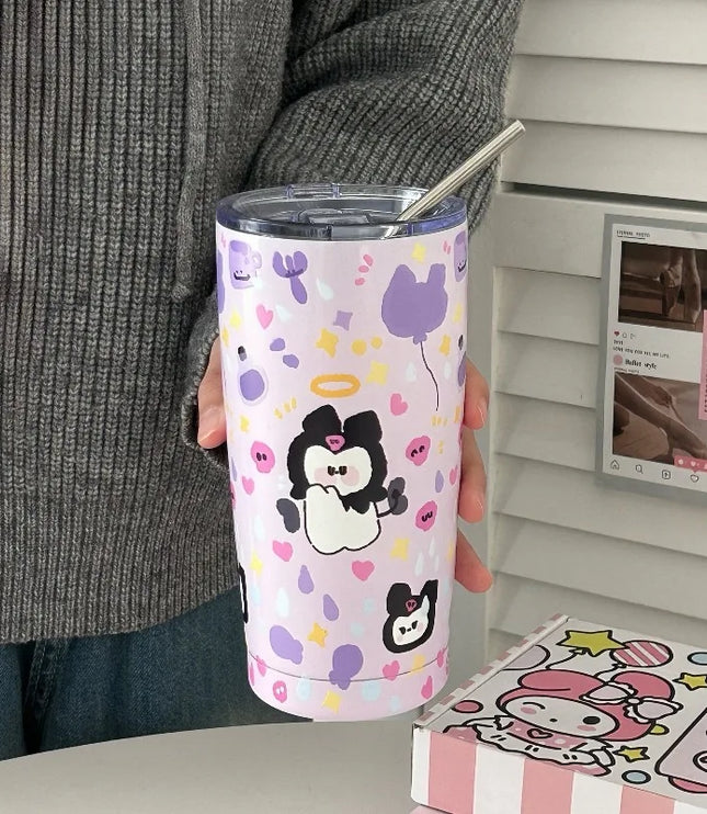 Cute Animal Thermal Bottle with Straw