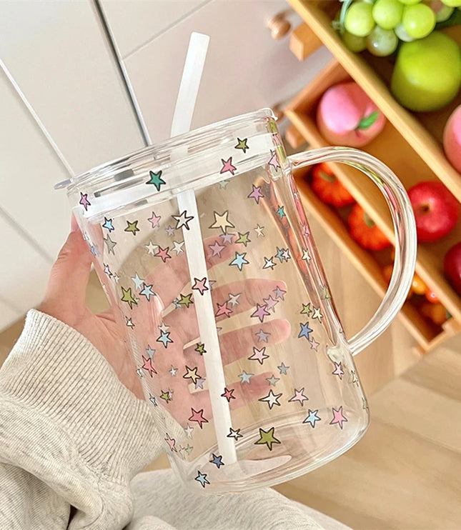 Stars Glass Cup with Straw