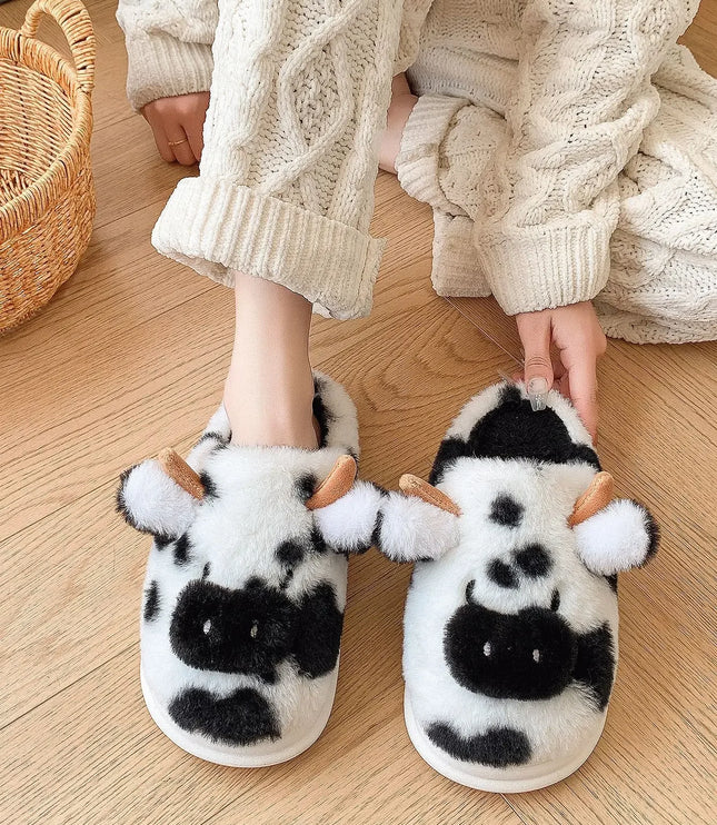 B&W Cow Plush Slippers