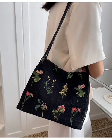 Flower Embroidered Tote Bag