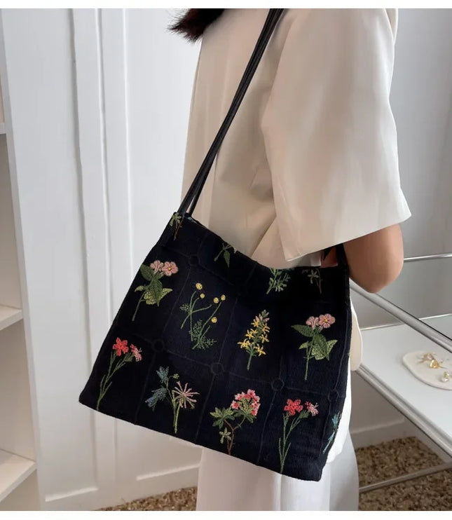 Flower Embroidered Tote Bag