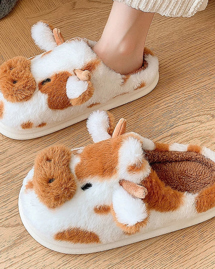 Brown Cow Plush Slippers