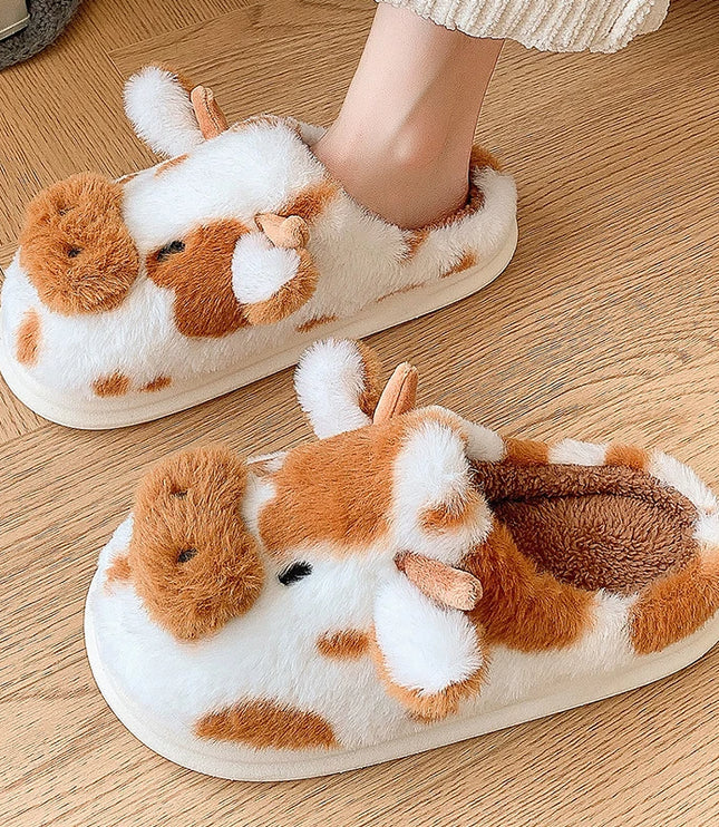 Brown Cow Plush Slippers