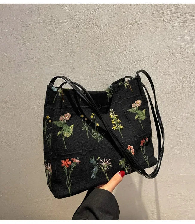 Flower Embroidered Tote Bag