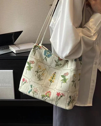 Flower Embroidered Tote Bag