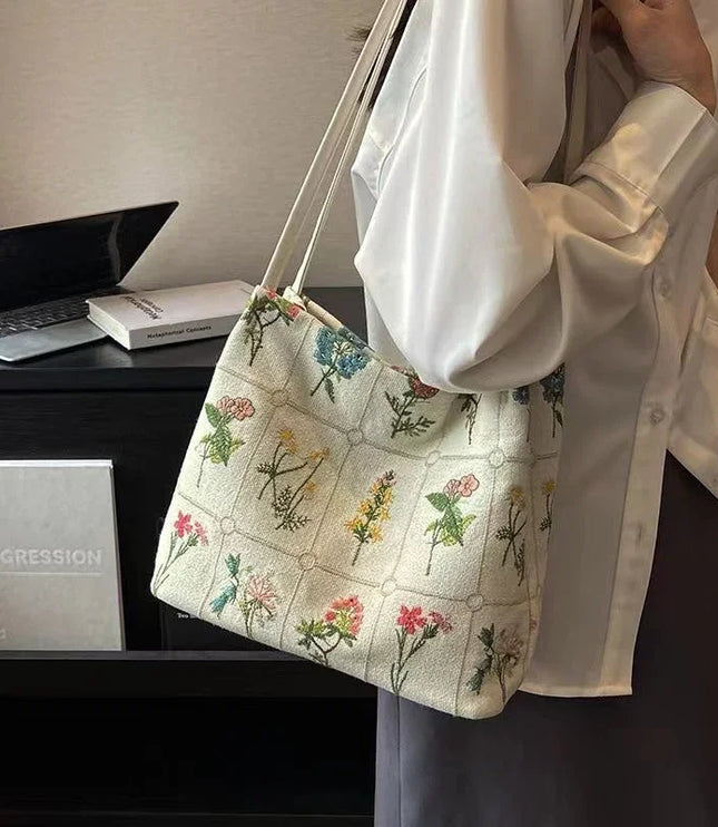 Flower Embroidered Tote Bag