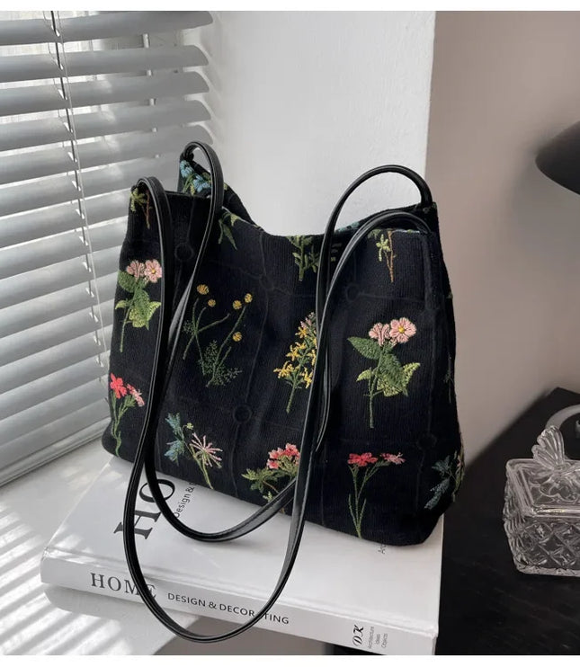 Flower Embroidered Tote Bag