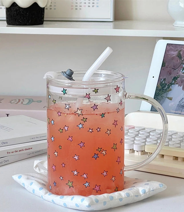 Stars Glass Cup with Straw