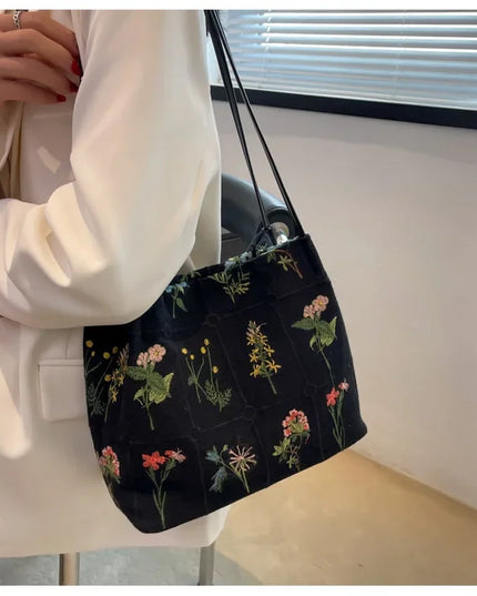 Flower Embroidered Tote Bag