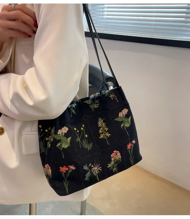 Flower Embroidered Tote Bag