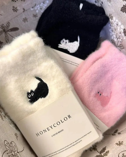 Mink Fleece Cat Embroidered Socks