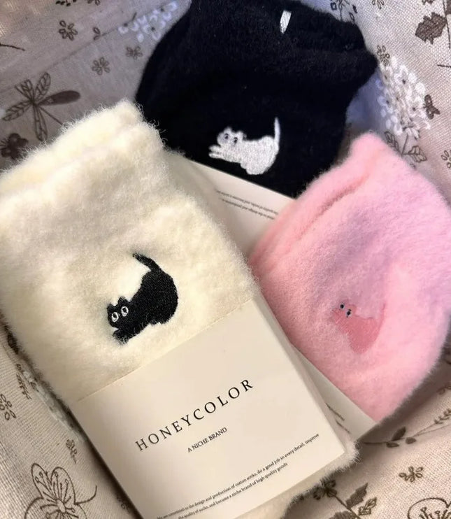 Mink Fleece Cat Embroidered Socks